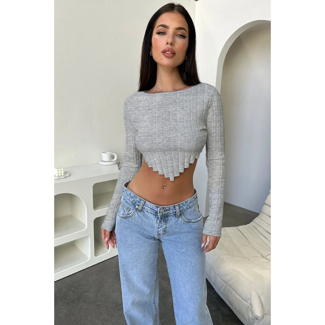 M121 fall 2023 women clothes new fashion pullover casual high quality cotton fitted blank  knitted top long sleeve crop top
