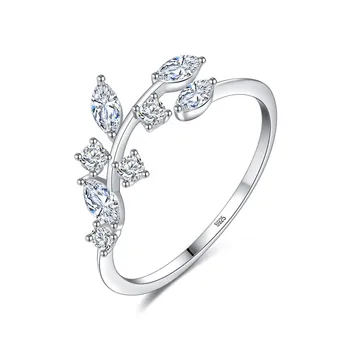 LUOXIN Wholesale Leaf Shape 925 Sterling Silver Jewelry Women Adjustable CZ Open Ring