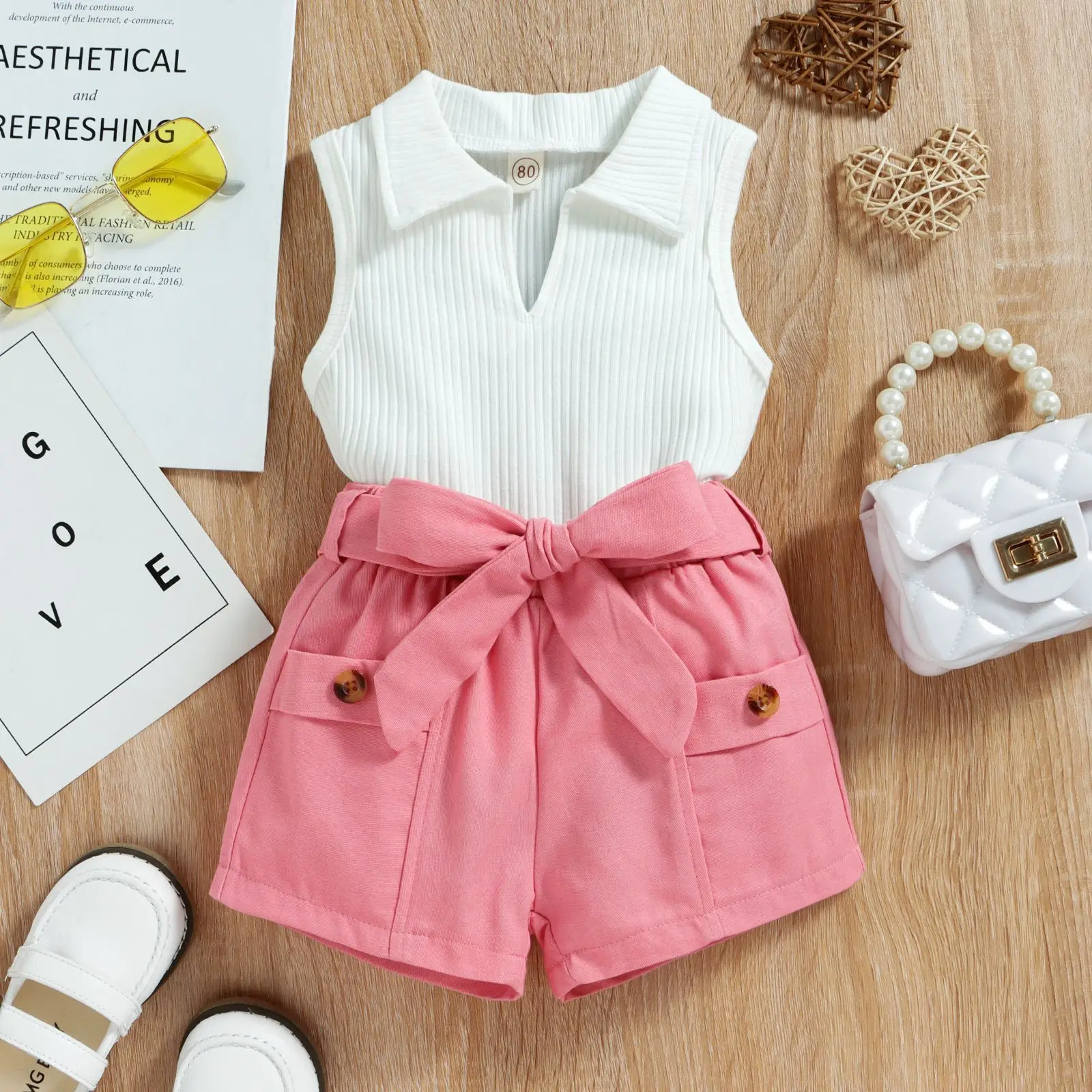 2023 kids girls summer sets baby solid color sleeveless lapel ribbed tops short 2pcs casual outfits children clothes