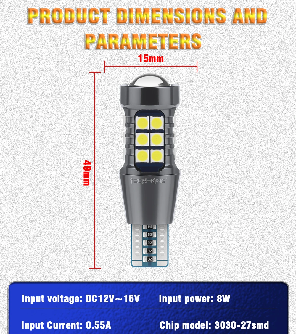 TECH-KING High Bright Lens 27SMD 3030 Led Car Reverse Light Canbus W16w Backup Lights 921 12-24V T15 Bulbs
