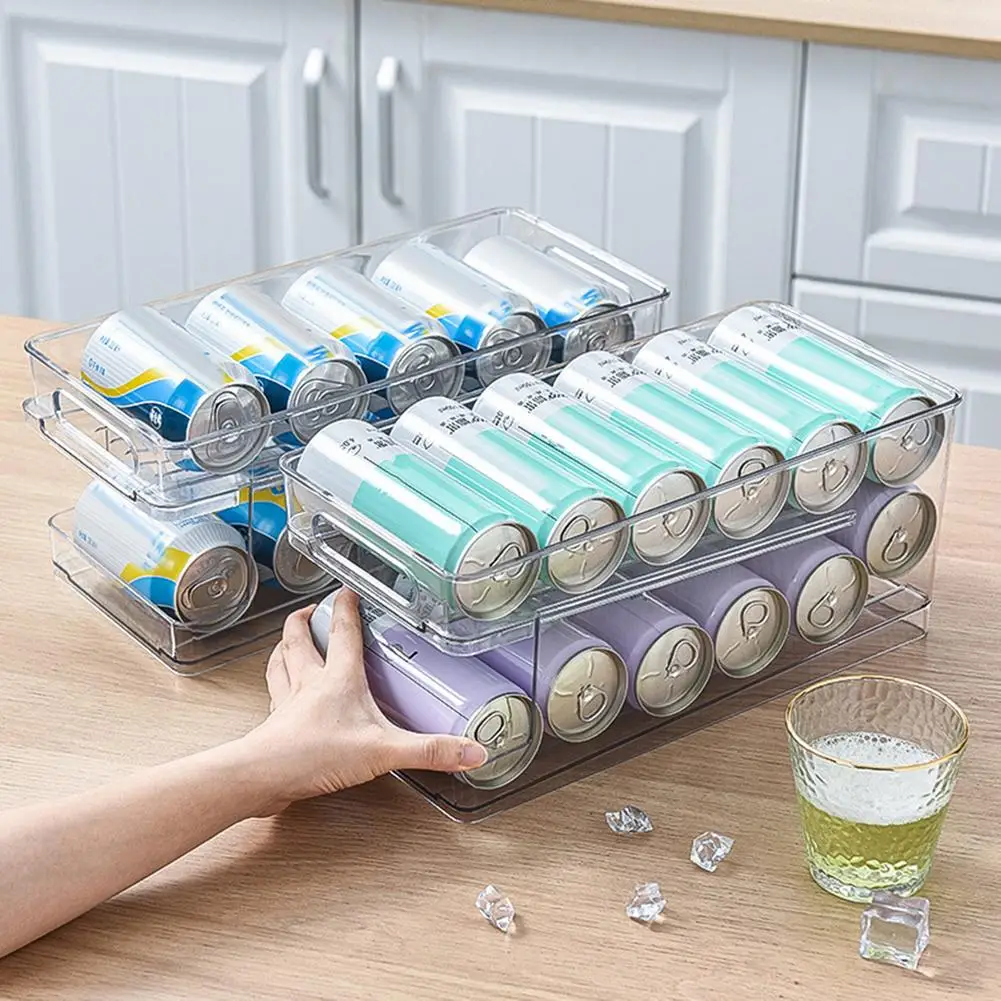 2-Tier Rolling Transparent Refrigerator Organizer Bins Soda Can Beverage Bottle Holder For Fridge Kitchen Storage Rack Container