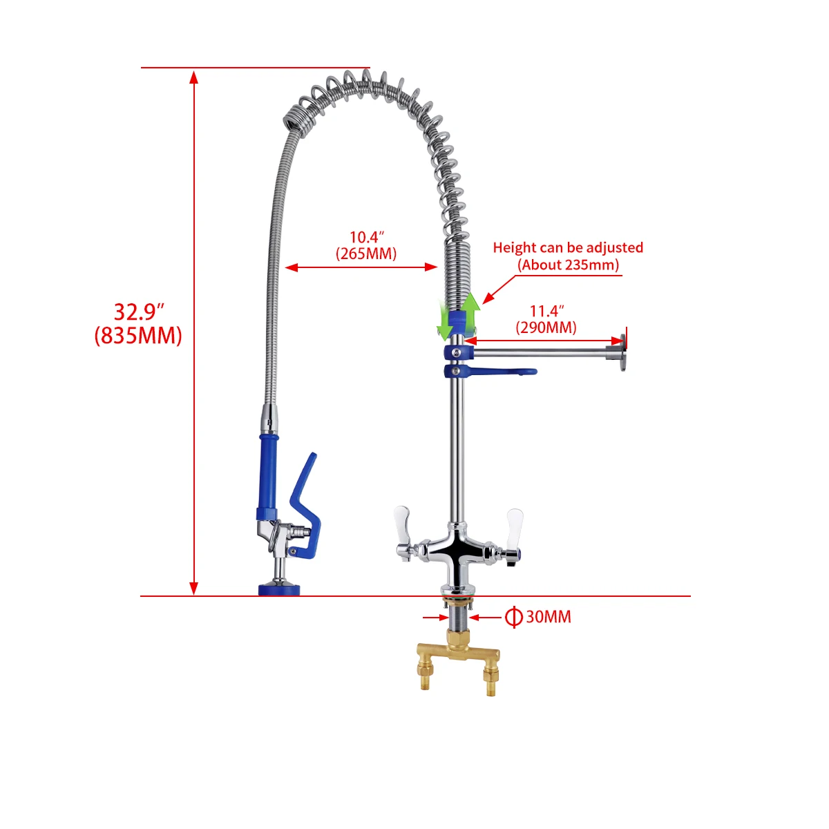 Adjustable 38\" Industrial Design Deck Mount Commercial Kitchen Faucet with Dual Handle Pre Rinse Spring Faucet Pull Out Spray details
