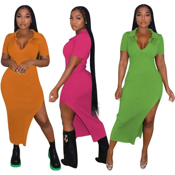 2022 High Quality Sexy V-neck Knitted Bodycon Maxi Dresses Women Casual Short Sleeve Slim Fit Dresses For Spring Summer