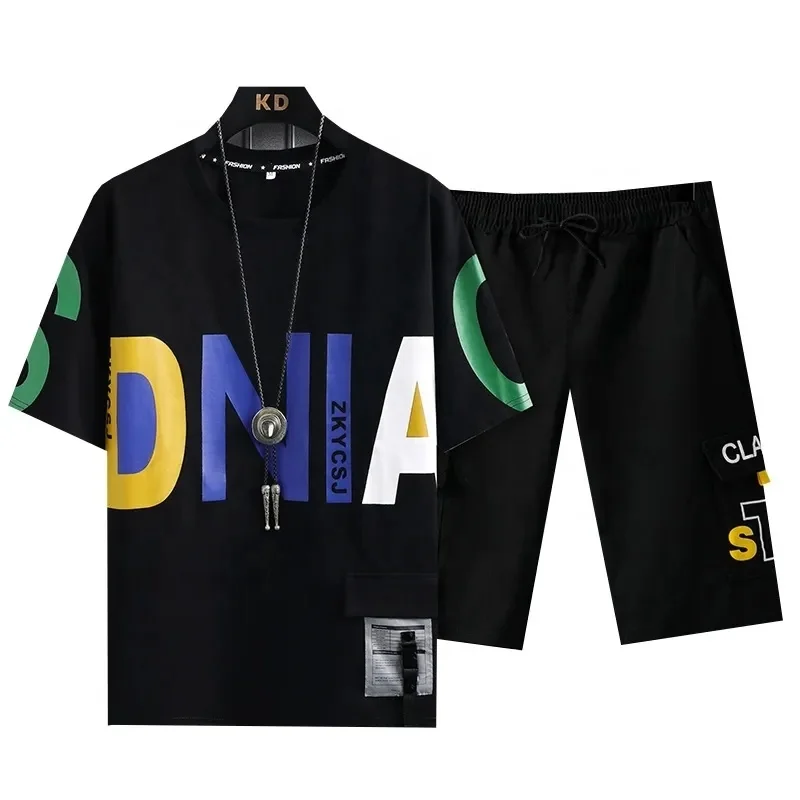 Men Waffle Suit men's summer Half sleeve popular casual sports pants men's T-shirt shorts 2 Pieces Set