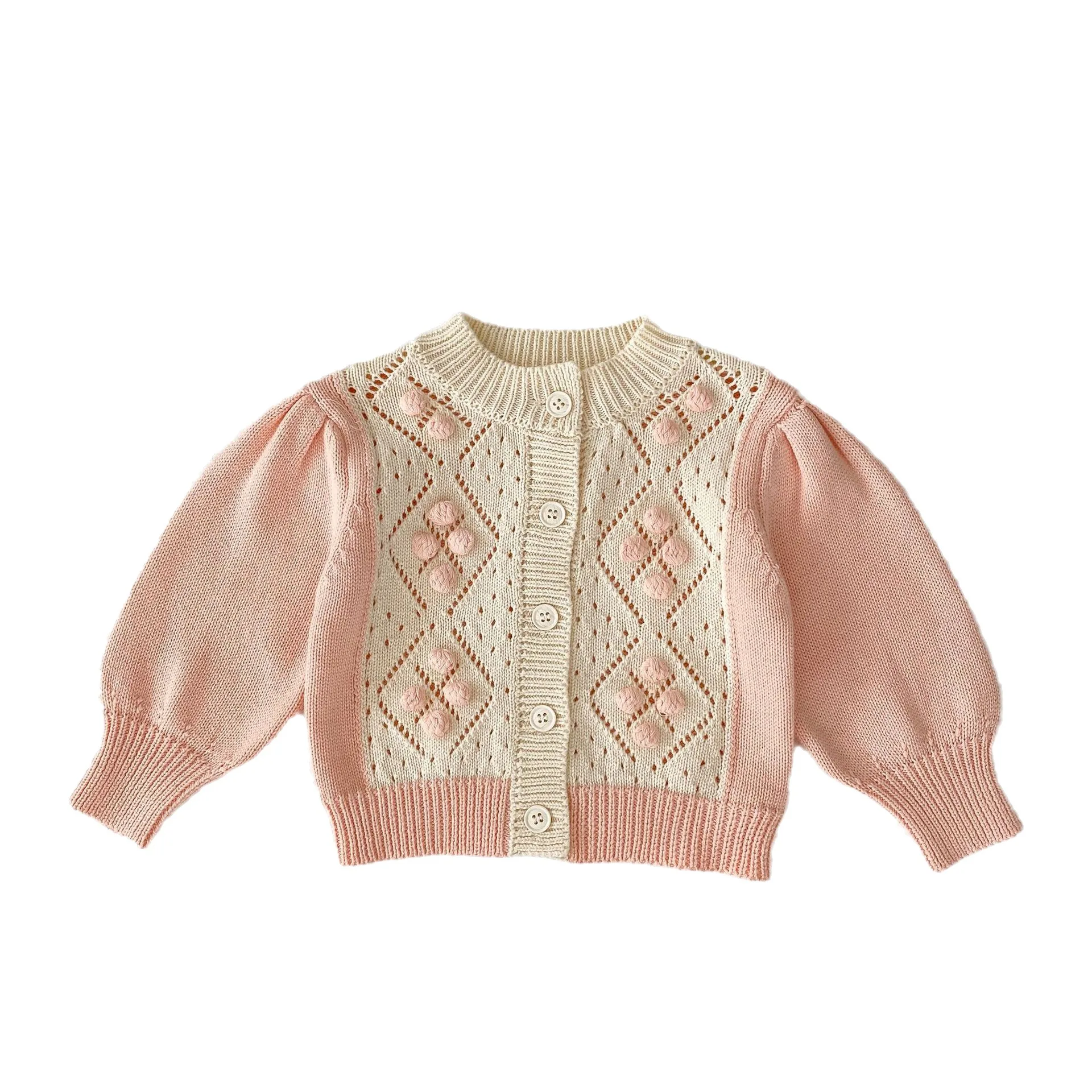 Engepapa Autumn Baby Coat 0-3 Year Old Girls' Bubble Sleeve Knitted Cardigan Round Neck Baby Clothes