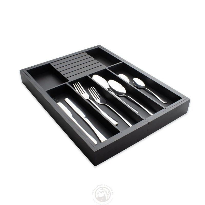 Bamboo Wooden Black Extendable 7-Compartment Cutlery Tray Cutlery Drawer utensil Organizer for Kitchen Drawer Organizer