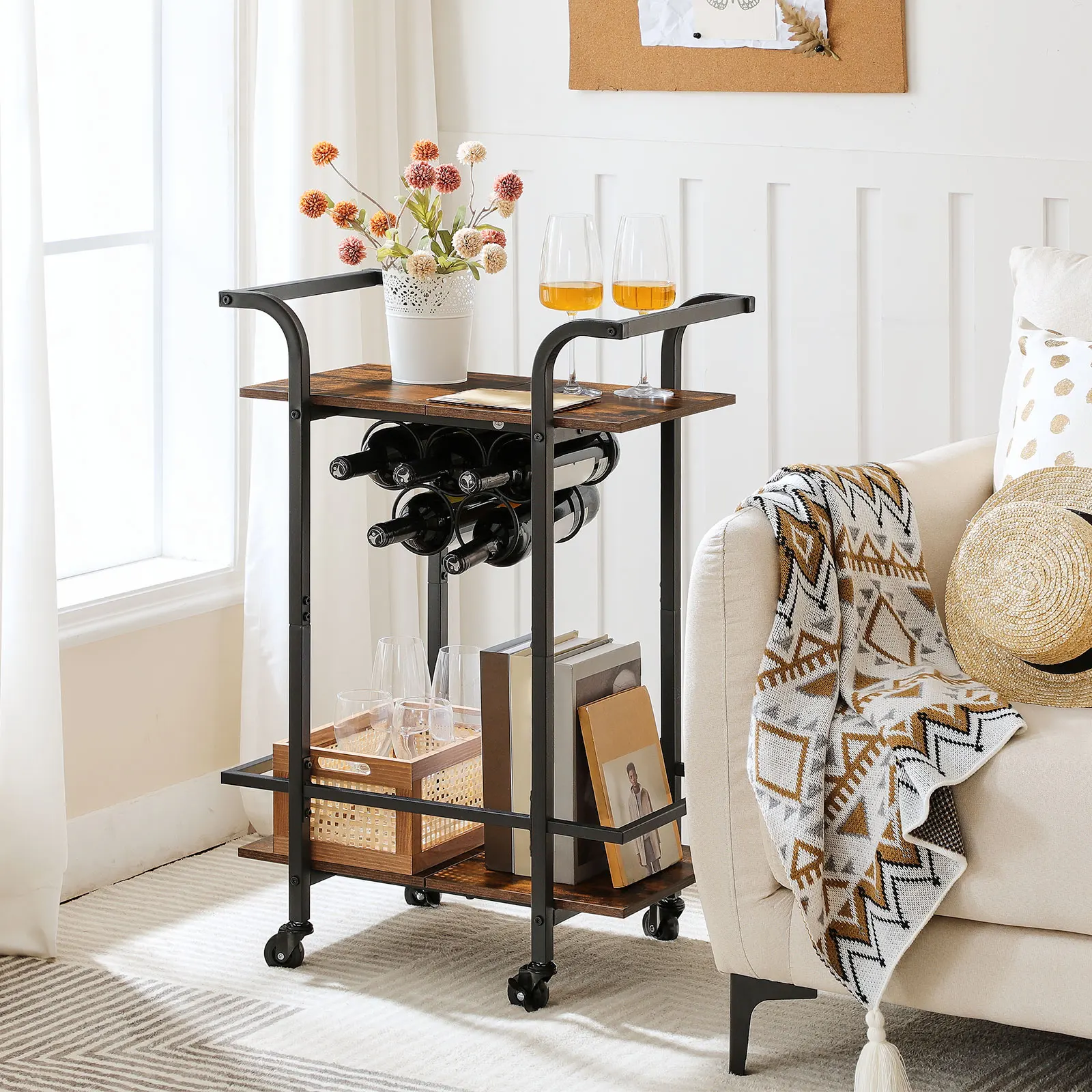 Wholesale Industrial Style Metal Bar Cart Kitchen Home Rolling Trolley Bar Serving Cart Kitchen Trolley on Wheels with Wine Rack