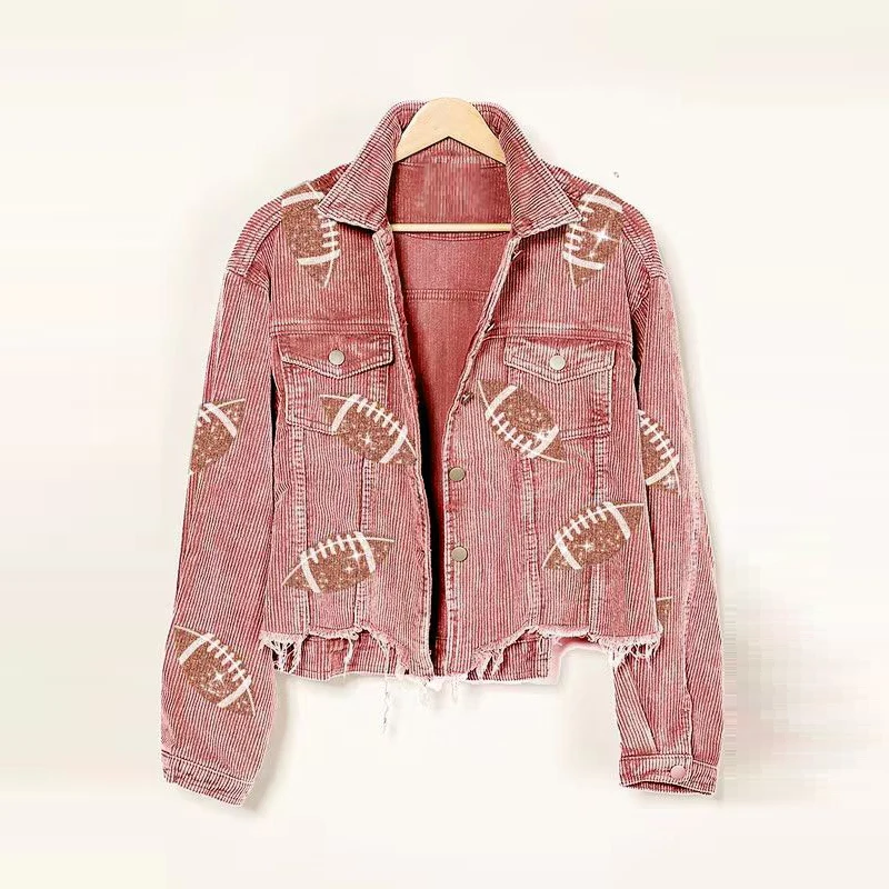 Wholesale Custom Sequin Embroidery Corduroy Shacket Football Coats Jacket for Women