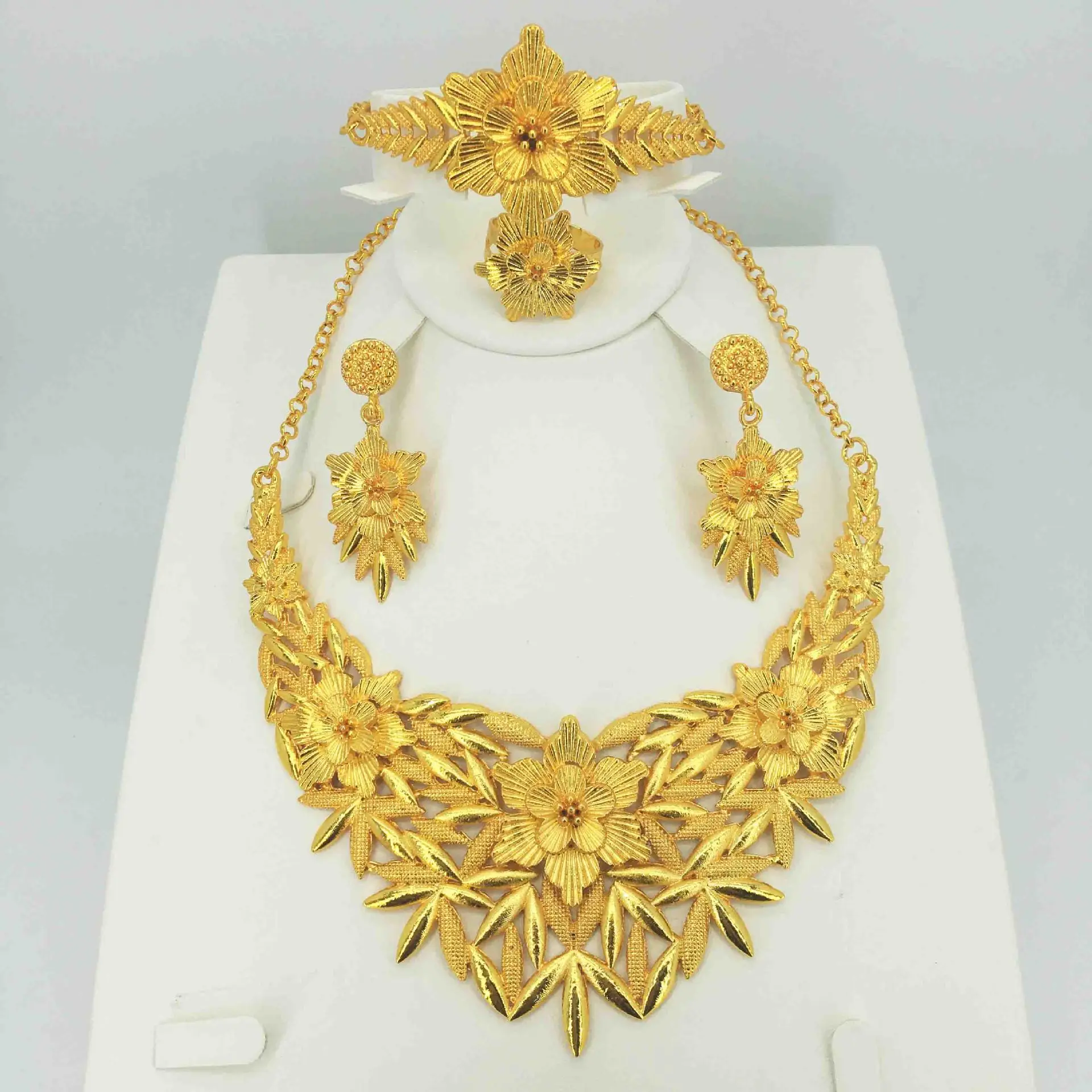 African Design Gold Plated Luxury Dubai Bridal Necklace Bracelet Ring  Earring Wedding Collection Flower Jewellery Set - Buy Flower Jewellery Set, Dubai Bridal Necklace,African Design Gold Plated Luxury Dubai Bridal  Necklace Product on