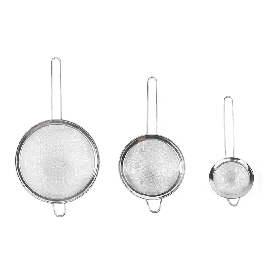 3 Piece Stainless Steel Fine Mesh Strainer Flour Sifter Oil Filters Colander with Long Handle