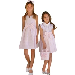 New arrival fashion knee length kids clothes girls dresses customize pink stripe sleeveless summer ruffle girls dresses with bow