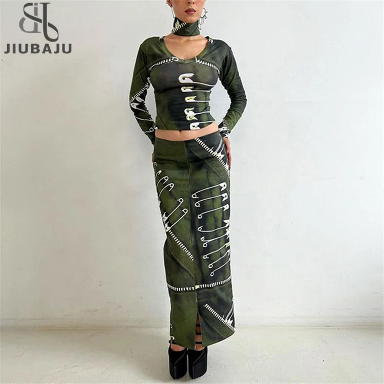 2023 Personality Clasp Pin Printing Style Vacation Sexy Half Length Skirt Dress Two Piece Set