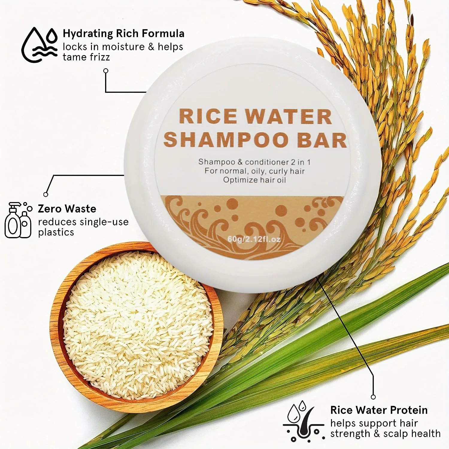 Unisex-Adult Rice Water Shampoo Bar & Rice Raw Pulp Conditioner Set hair care shampoo bar soap solid shampoo