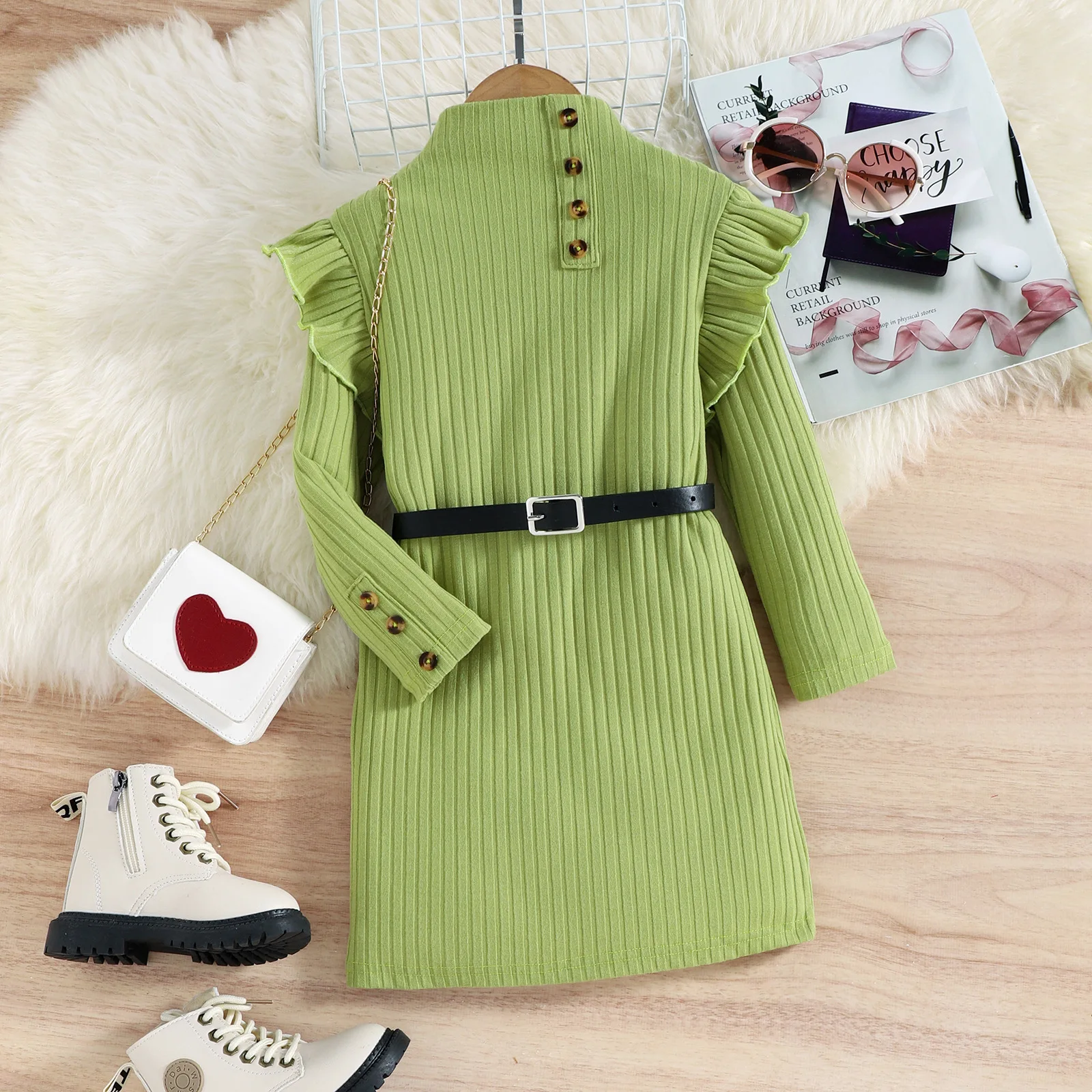 New fashion toddler girls dresses pit stripe high neck flying sleeve girls clothing kids one-piece casual dresses