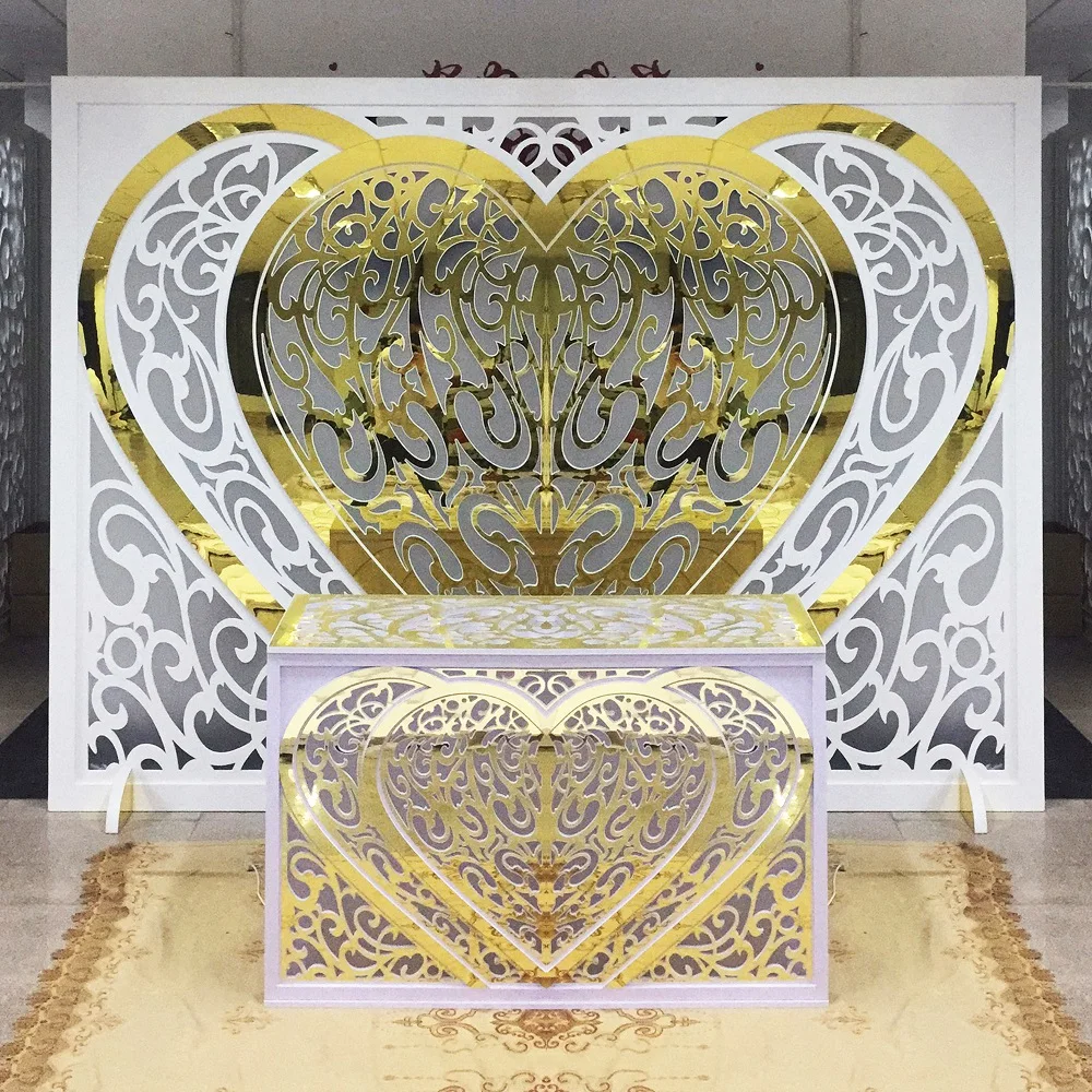 Heart Shape White Gold Acrylic PVC Wedding Decoration Backdrop For Wedding Party Stage