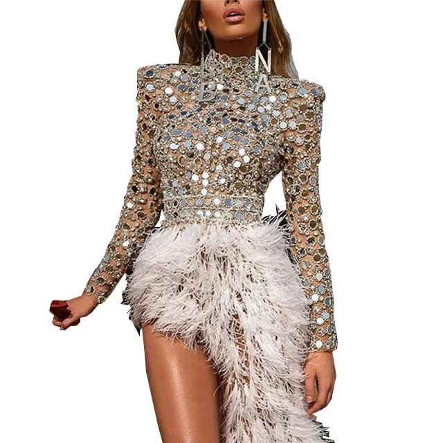 White Feather Dresses Sexy Sequins Long 