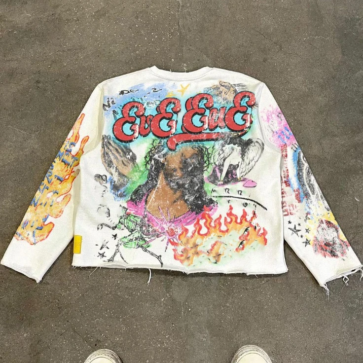 Street Wear Custom Dtg Printed Men's 260 280 Gsm Crew Neck Cropped French Terry Cotton Long Sleeve t Shirt Graphic T-shirts manufacture