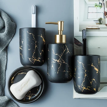 Nordic 4 Piece Bathroom Set Marble Design Ceramic Bathroom Accessory Set Soap Dispenser Ceramic Home Kits