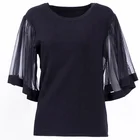 Sweater Pattern Sweater Women Flutter Mesh Puff Sleeve Crew Neck Spring Top Sweater Flow Sleeve Pullover