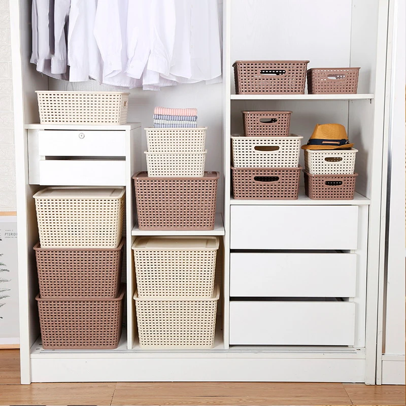 Home Pantry Storage Toy Clothes Storage organization Woven Plastic Storage Baskets With Lid travel laundry basket