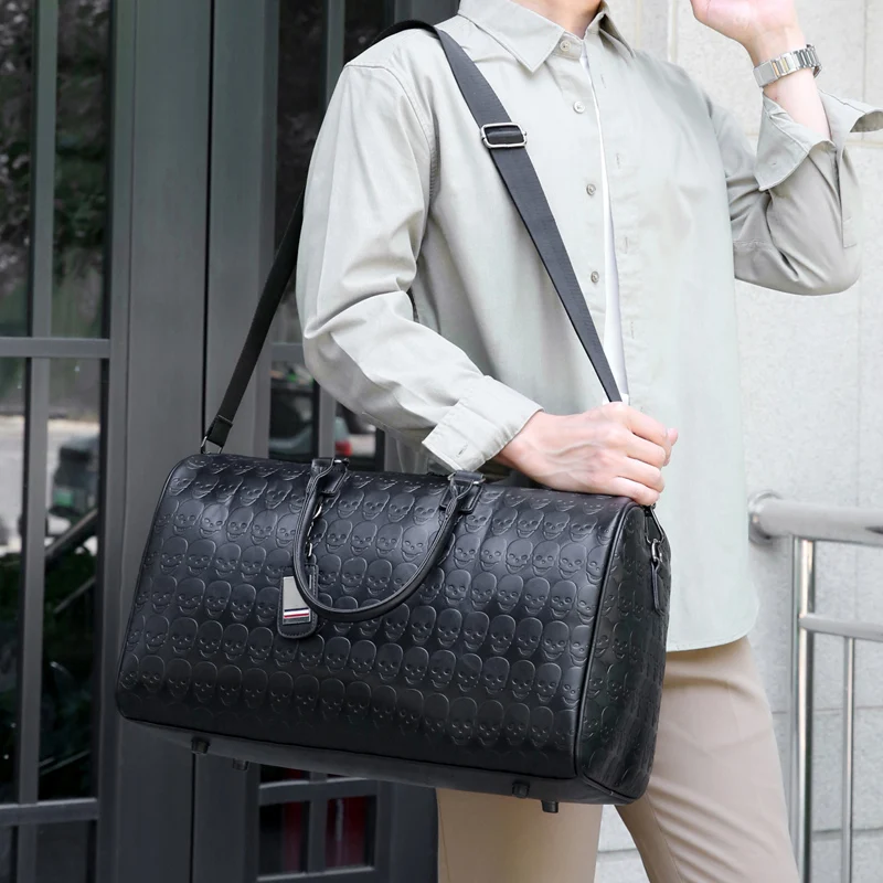 Large Capacity PU Leather Duffle Tote Bag Skull Embossed Print Custom Style Luxury Designer Shoulder Travel Bag Women Men Sport