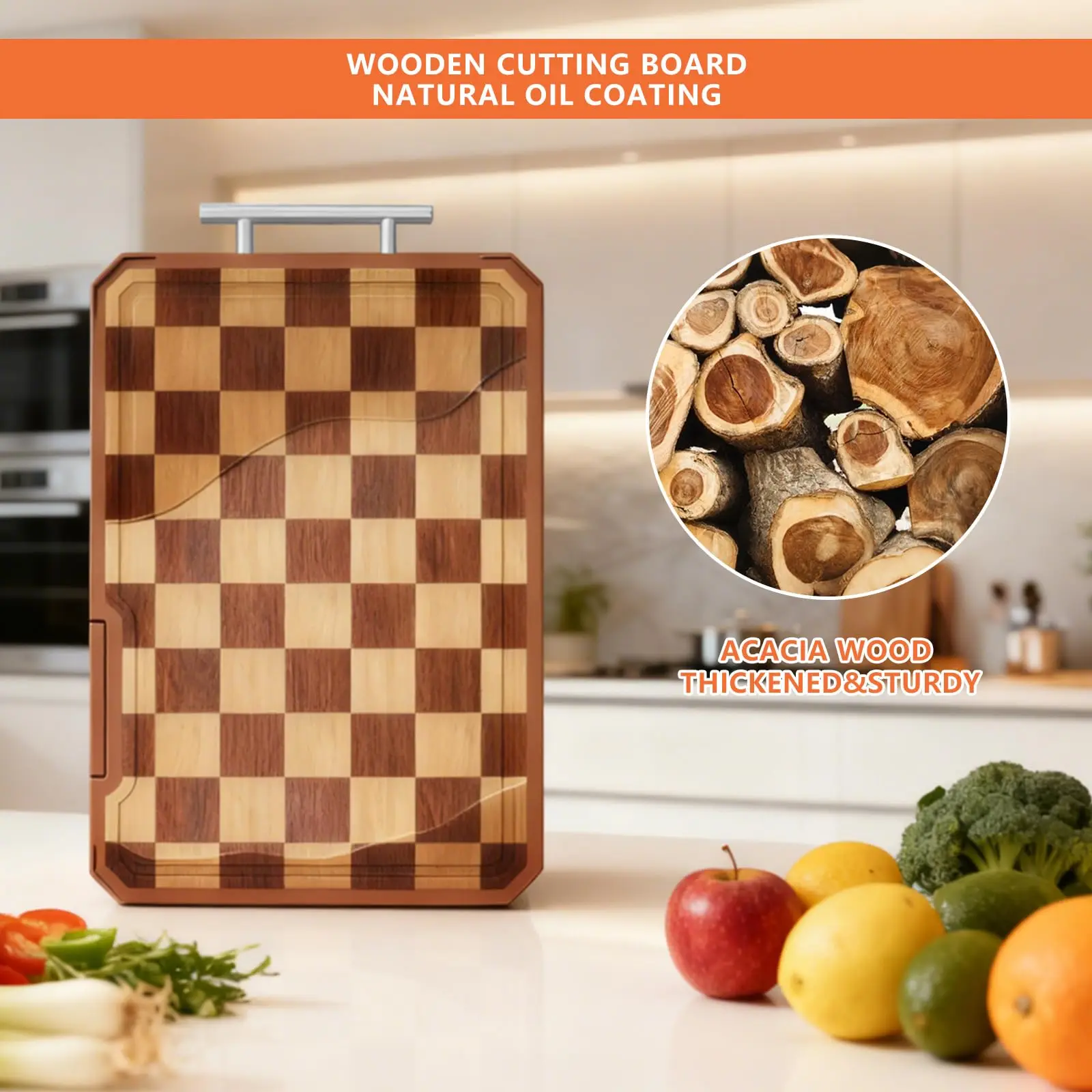 product custom wood cutting board with stand sharpener handle reversible grid pattern kitchen chopping block-9