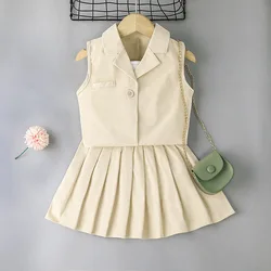 New trendy toddler girls dresses suits casual slip vest+sleeveless lapel coat+skirt boutique kids little girls clothing sets