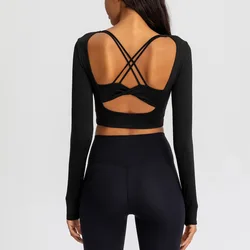 YIYI Manufacturer Back Hollow Out Comfortable Gym Tops With Padded U Neck Workout Tops Tights Long Sleeve Crop Tops T-shirts