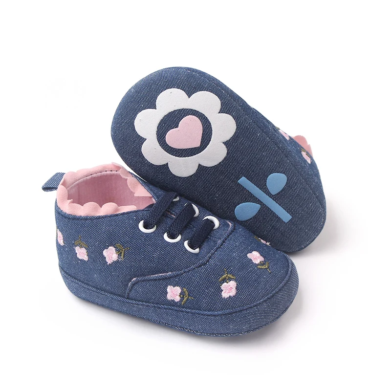 New Spring and Autumn Pure Color Denim Embroidered Flower Front Lace-up Cute Fashion Infant Princess Toddler Shoes for Baby Girl factory