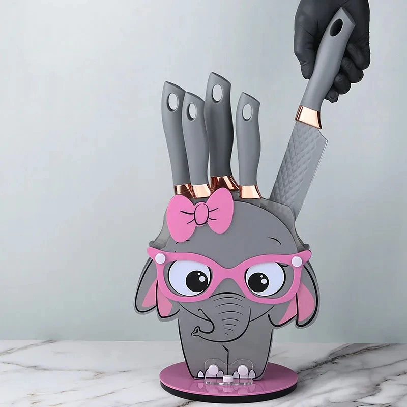 Hot Sell Cute Animal 6pcs  Kitchen Knives Knife Set Stainless Steel Non-stick Diamond Pattern With Cartoon Elephone stand