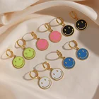 Earrings Colorful Fashion Enamel Earrings Stainless Steel Green Pink Black Smile Face Coin Earrings