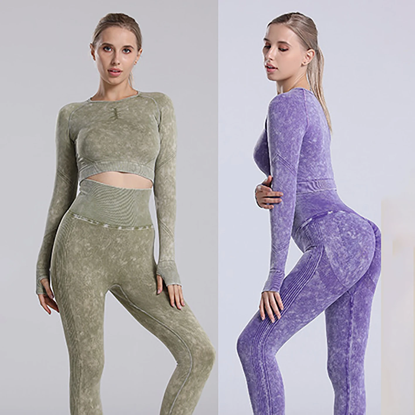 INS Tops Sale Long Sleeves With Finger Hole Tops 2pcs Workout Sets High Waist Pants Women Acid Washed Yoga Sets Sport Gym Sets