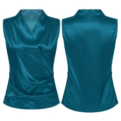 In Stock Womens V Neck Sleeveless Blouse Tops Ladies Office Ruched Satin Shirt Tank Top