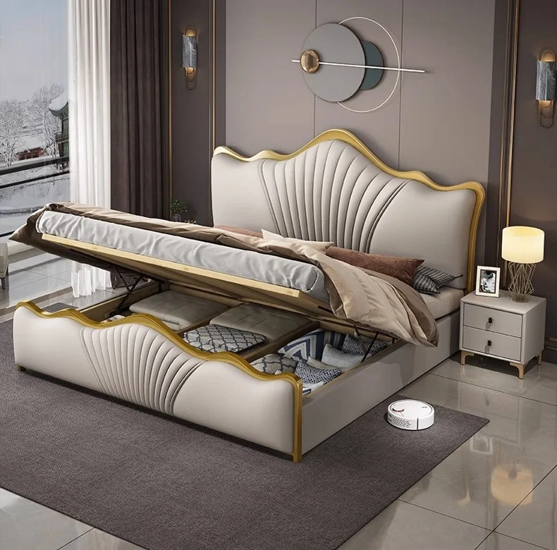 New Designs Luxury King Size Modern Leather Bed with Gold Stainless Steel Frame High Double Bed Upholstered Leather Headboard