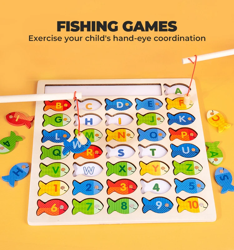 Soli Magnetic Wooden Fishing Game Toy Alphabet Fish Catching Counting Games Puzzle with Numbers and Letters