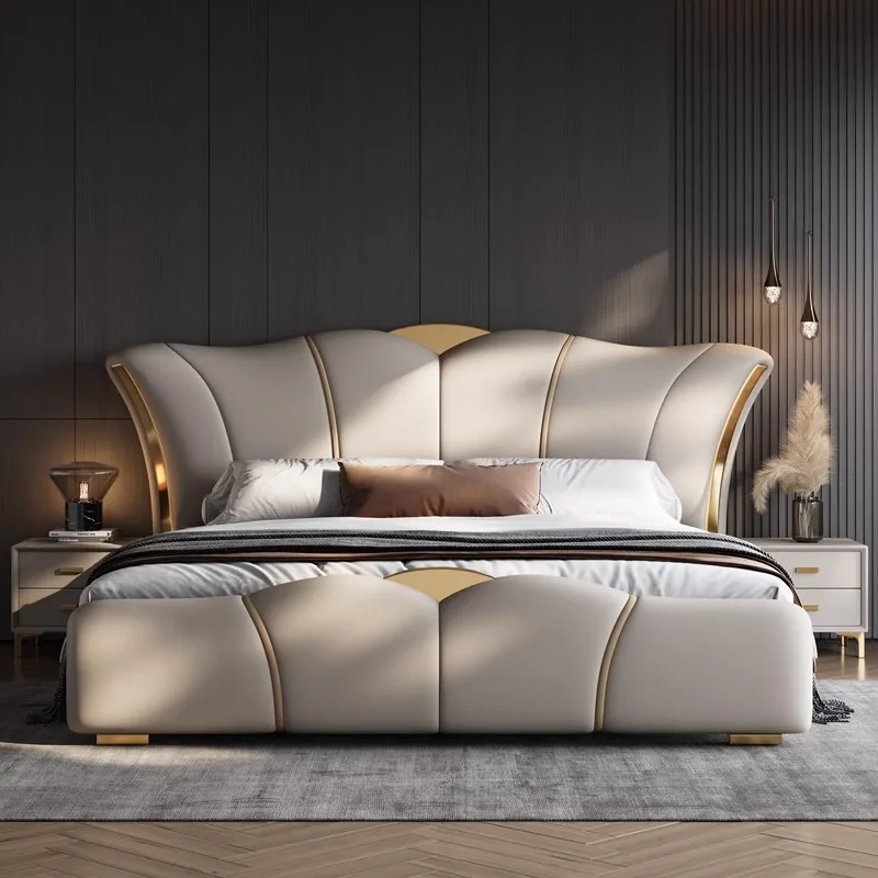 Wholesale Luxury Designs King Size Modern Leather Bed Solid Wood Frame High Double Bed Upholstered Leather Headboard