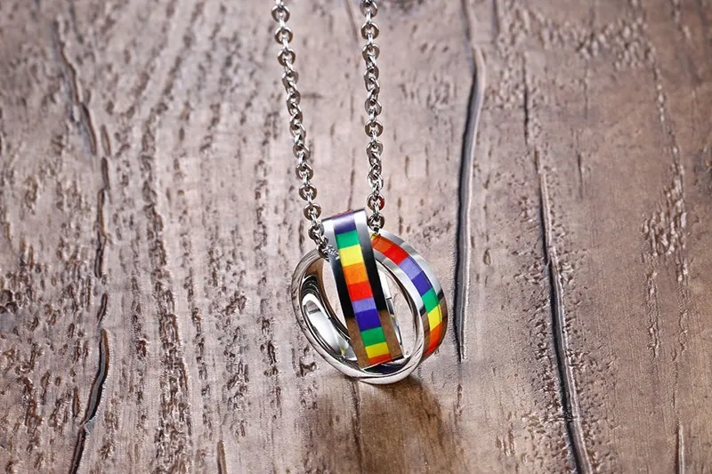 LGBT Jewelry Gay Pride Rainbow Jewellery Gay Lesbian Necklace Double Ring Rainbow Pendant 316L Stainless Steel Rainbow Necklaces