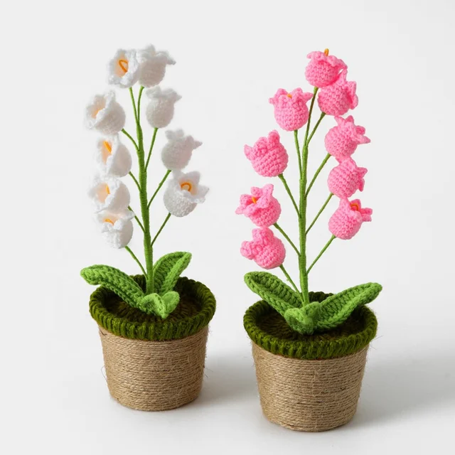 Handmade Crochet Woolen pink Bell Orchid Simulation Flower Potted Plants 9pcs head knitting flower table decoration