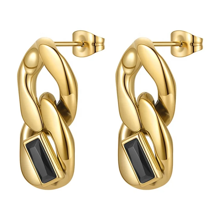 High Quality 18K Gold Plated Stainless Steel Jewelry Thick Chain Black Zircon Earrings E211300