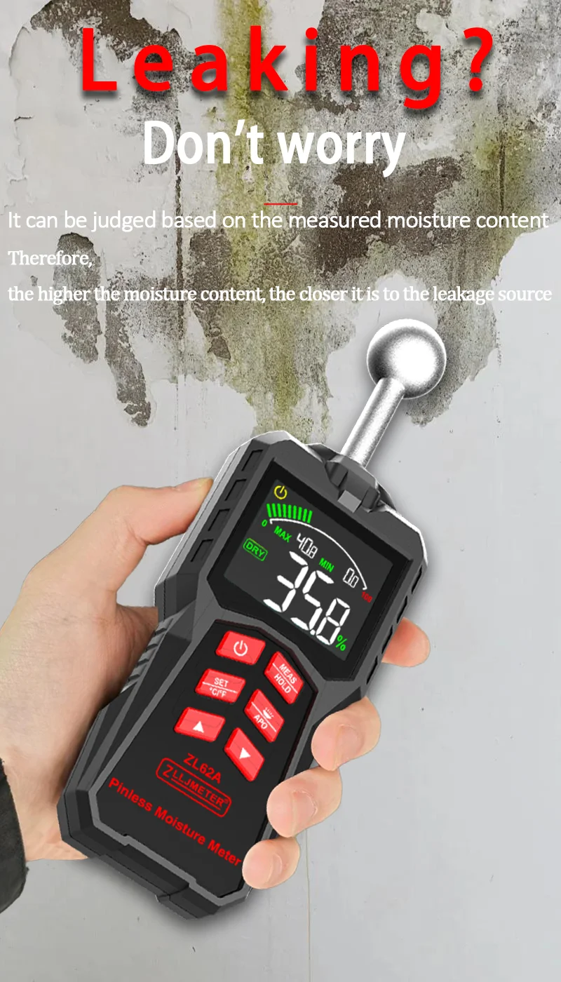 Inductive Wood Moisture Meter Hygrometer Non-contact Timber Damp Wall Detector Non-destructive Humidity Tester ZL62A 3AAA