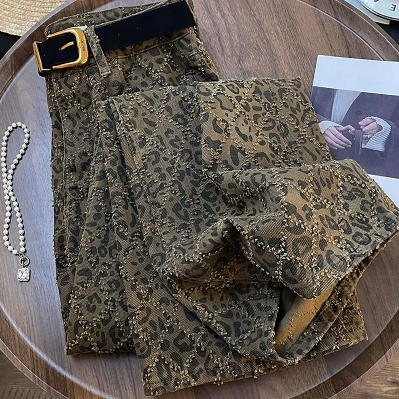 Simon Laina American Style High Street Leopard Print Denim Cotton Women's Winter Sexy Girl High Waist Loose Straight-Legged details