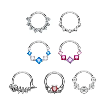 New G23 ASTM F136 Titanium Piercing 16G Septum Hoop Nose Ring Hinged Clicker CZ Inlay Earrings Tragus Helix Women Body Jewelry
