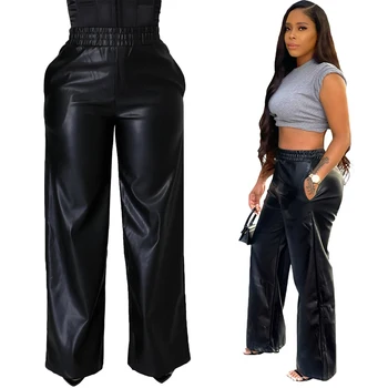 Fall/Winter Casual Plain Color Loose Straight High Waist Wide Leg Trousers Women Leather Pants