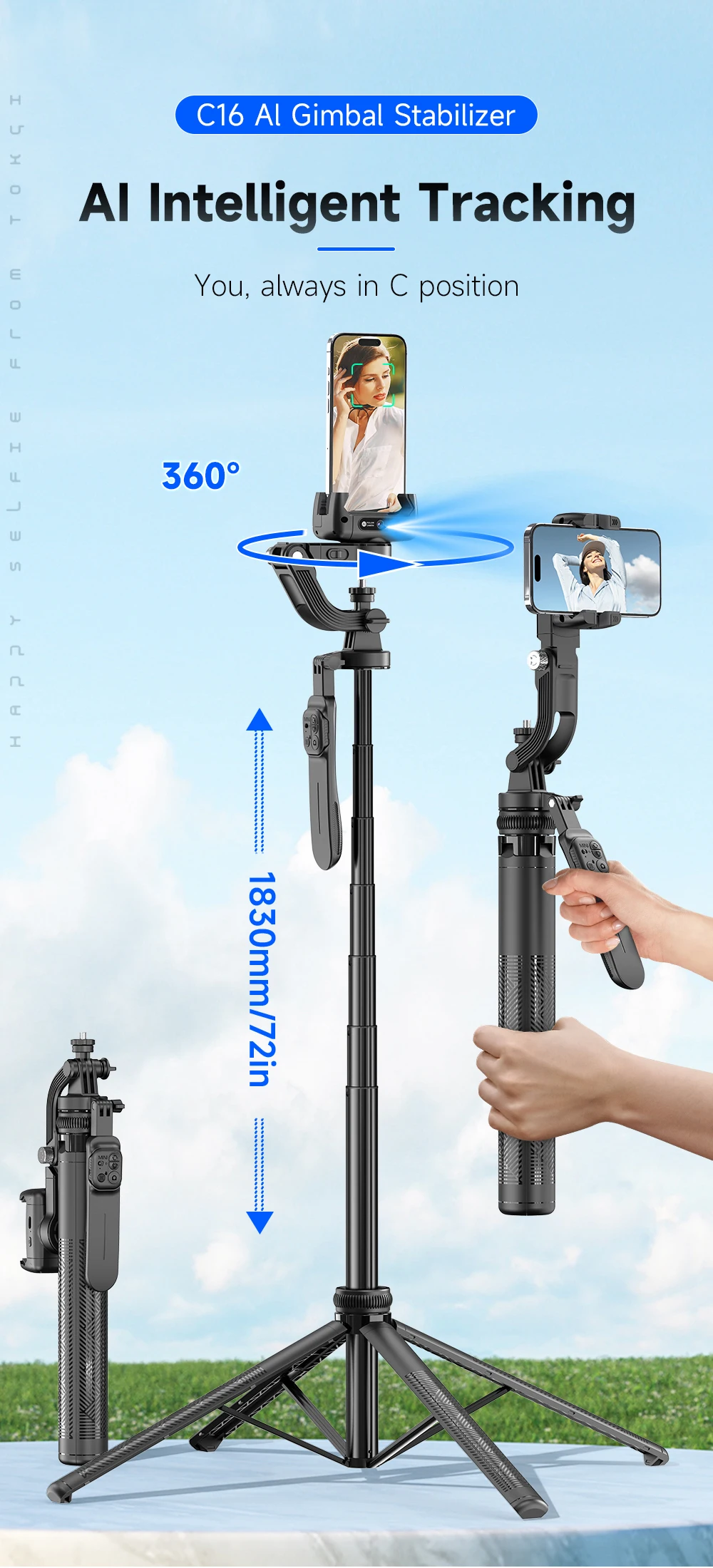 C16 Intelligent AI Face Tracking 360 Rotating Single Axis Gimbal Stabilizer Aluminum Alloy Rod Quadrupod Selfie Stick Light 540g