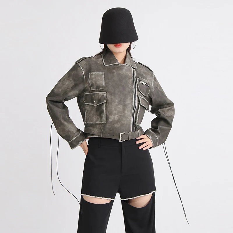 TWOTWINSTYLE New Leather Jacket Patchwork Belt Zipper Pockets Bandage Bowknots Female Fashion 2023