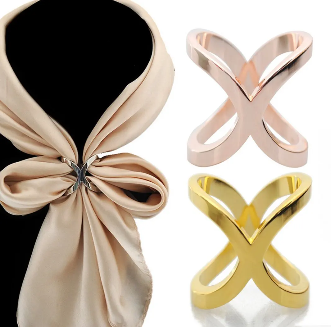gold plating multi-purpose cross hollow out smooth face silk scarf buckle X scarf square button cape button for women