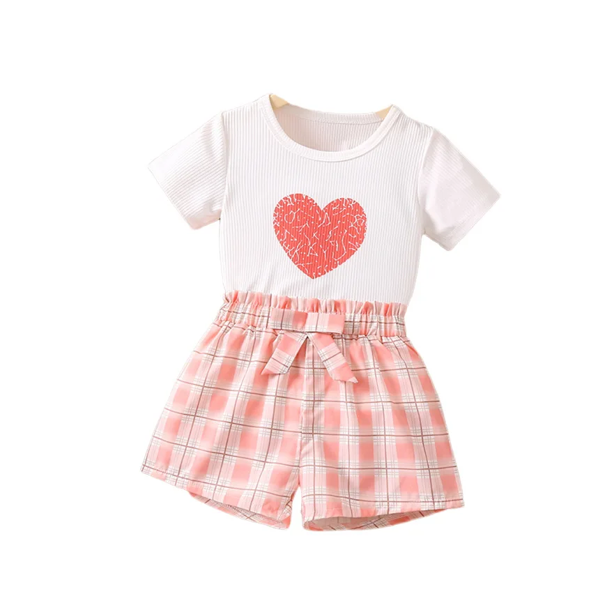 New trendy toddler little girl's clothing short sleeve shirts matching plaid shorts boutique children kids fashion sets