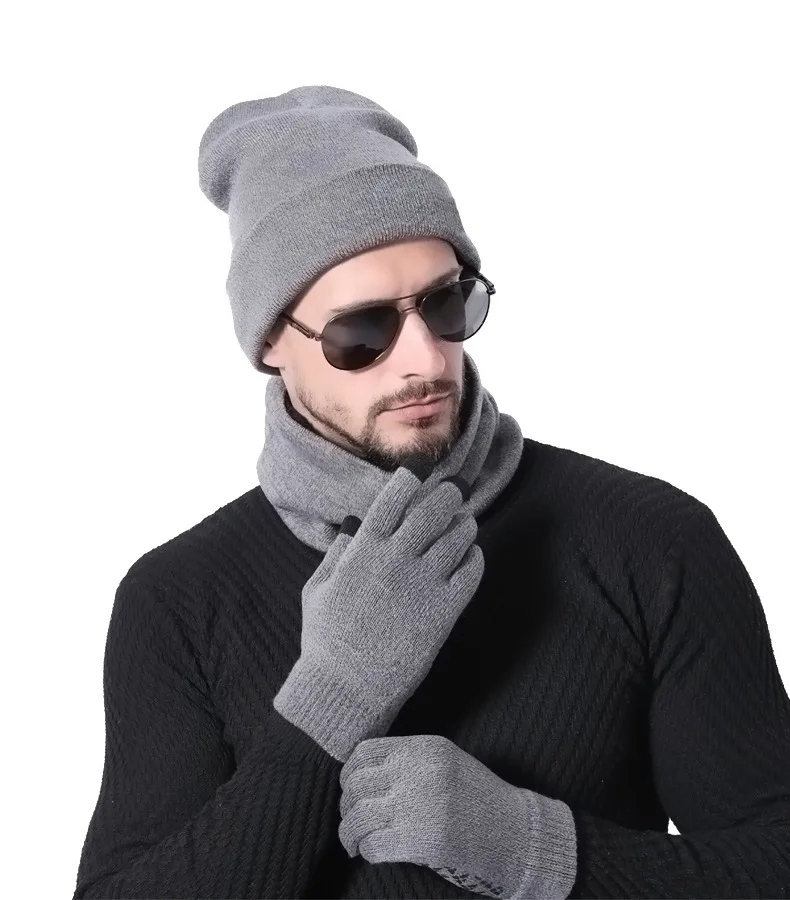 Thenxin Winter Thick 3 Pieces Knitted Beanie Hat & Scarf & Gloves for Men Outdoor Warmer Sets 