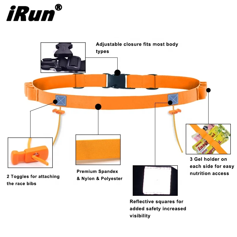 iRun Custom Logo Unisex Triathlon Marathon Gel Holder Running Belt Race Number Belt for Competitive Running