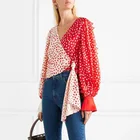 Dot Shirt Wholesale 2021 Fall Casual Blouse Polka Dot V-neck Bandage Puff Sleeve Shirt For Ladies